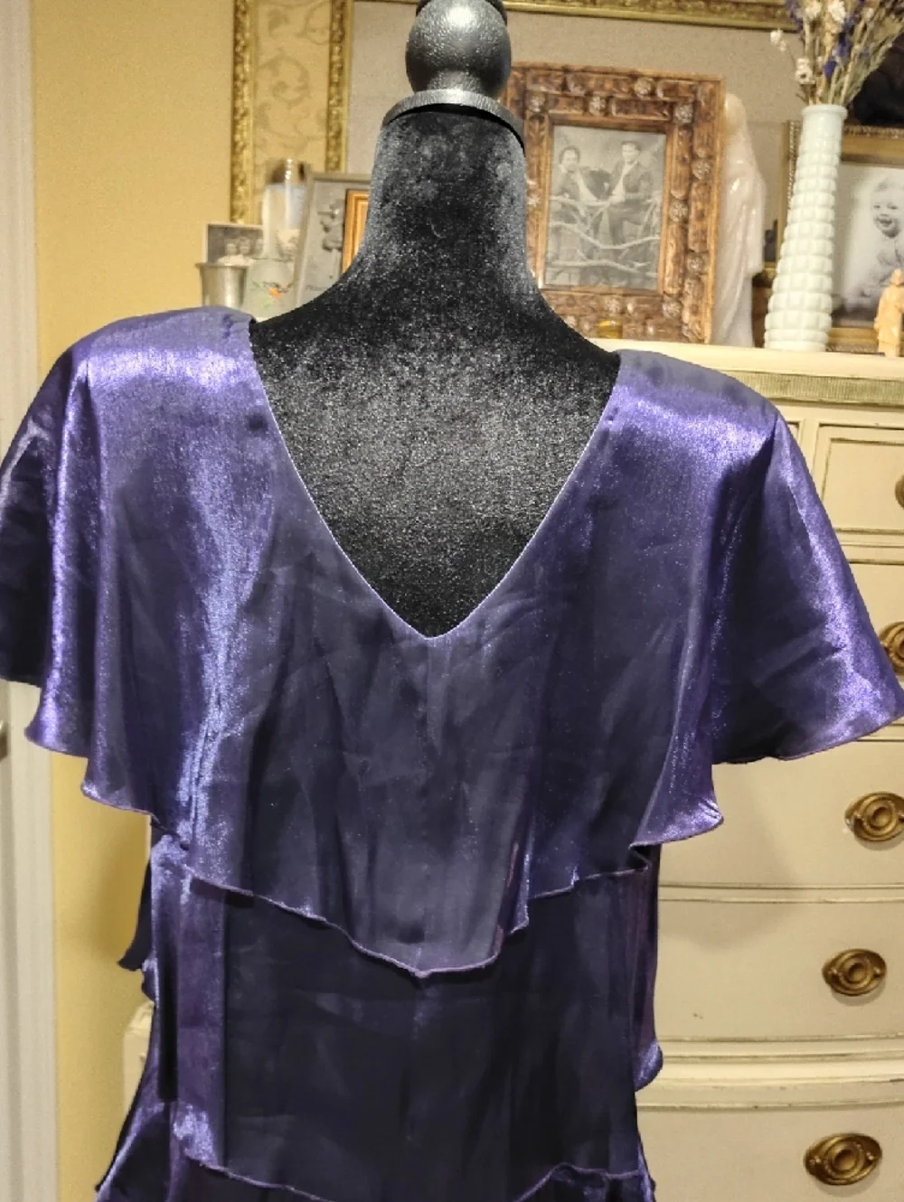 Vintage 80s Irredescent Shoulder Pads Shimmering Violet Tiered Ruffle Dress - Picture 7 of 11